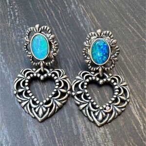 Carolyn Pollack 925 Sterling Silver Opal Heart Earrings, Filigree Dangles Relios
